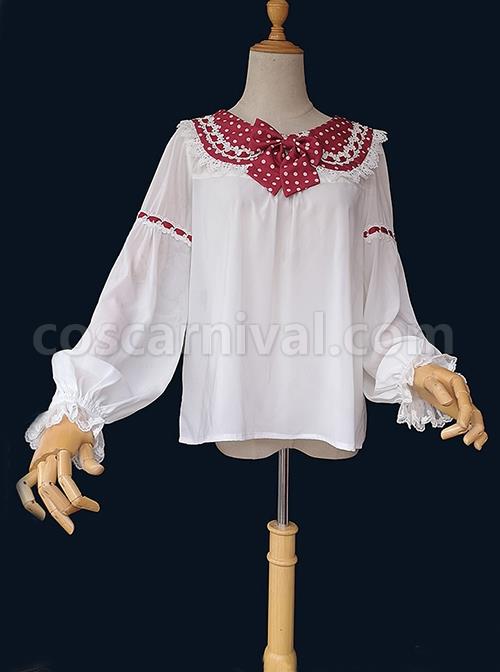 Cute Polka Dots Bunny Ears Pleated Lace Trim Chiffon Long Sleeve Bow Knot Classic Lolita Blouse coscarnival