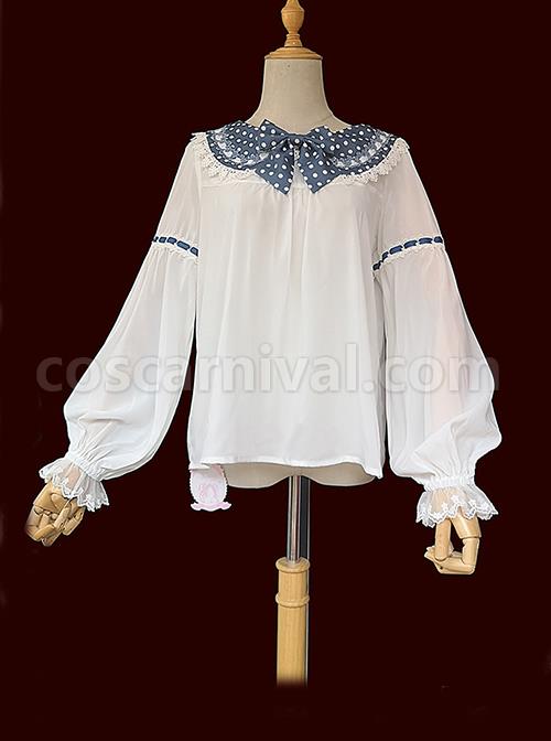 Cute Polka Dots Bunny Ears Pleated Lace Trim Chiffon Long Sleeve Bow Knot Classic Lolita Blouse coscarnival