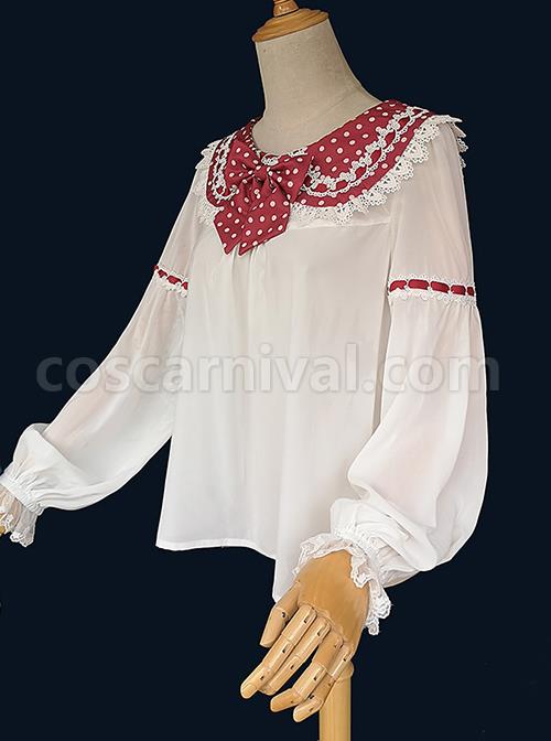 Cute Polka Dots Bunny Ears Pleated Lace Trim Chiffon Long Sleeve Bow Knot Classic Lolita Blouse coscarnival