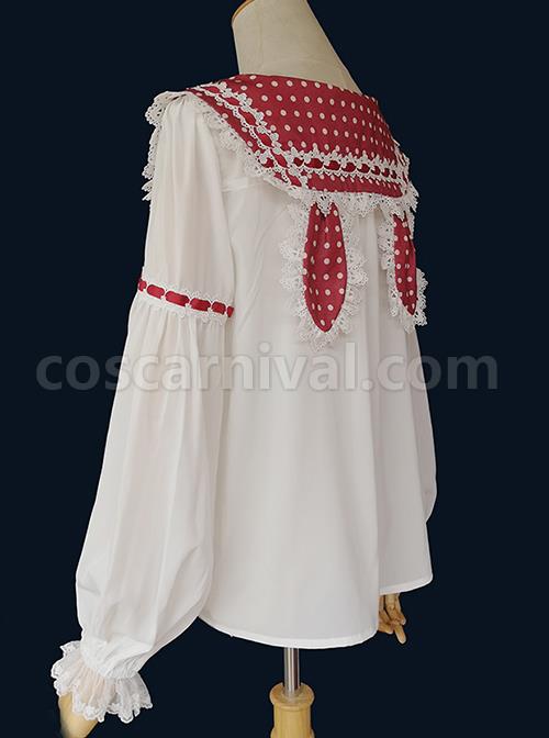 Cute Polka Dots Bunny Ears Pleated Lace Trim Chiffon Long Sleeve Bow Knot Classic Lolita Blouse coscarnival
