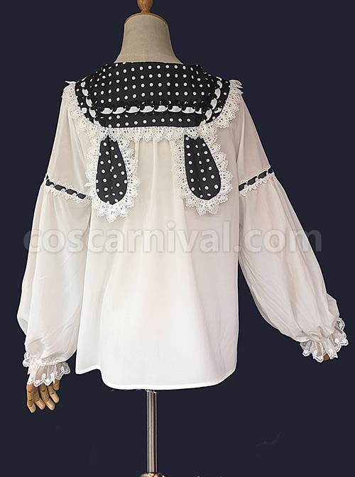 Cute Polka Dots Bunny Ears Pleated Lace Trim Chiffon Long Sleeve Bow Knot Classic Lolita Blouse coscarnival