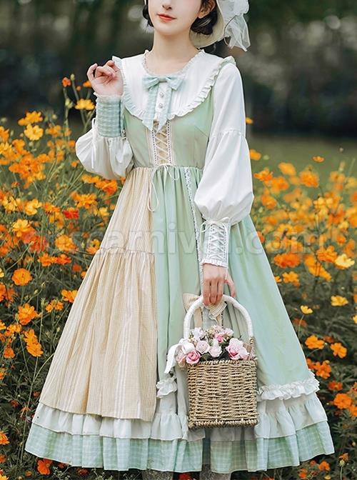 Cute-Round-Neck-Tie-Plaid-Splicing-Hem-Design-Fresh-Autumn-Classic-Lolita-Long-Sleeved-Dress-coscarnival-3057