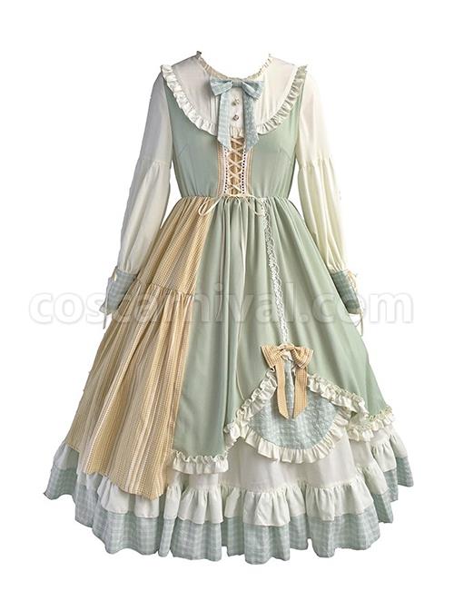Cute-Round-Neck-Tie-Plaid-Splicing-Hem-Design-Fresh-Autumn-Classic-Lolita-Long-Sleeved-Dress-coscarnival-3063