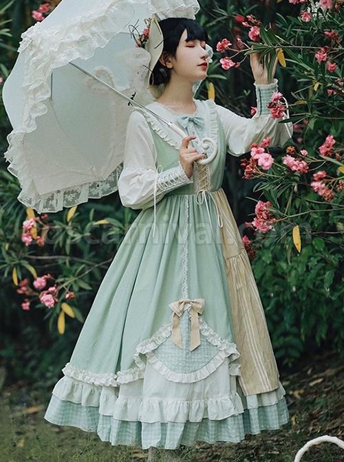 Cute-Round-Neck-Tie-Plaid-Splicing-Hem-Design-Fresh-Autumn-Classic-Lolita-Long-Sleeved-Dress-coscarnival-3080