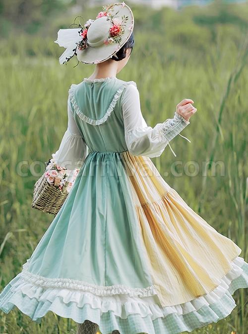 Cute-Round-Neck-Tie-Plaid-Splicing-Hem-Design-Fresh-Autumn-Classic-Lolita-Long-Sleeved-Dress-coscarnival-3088