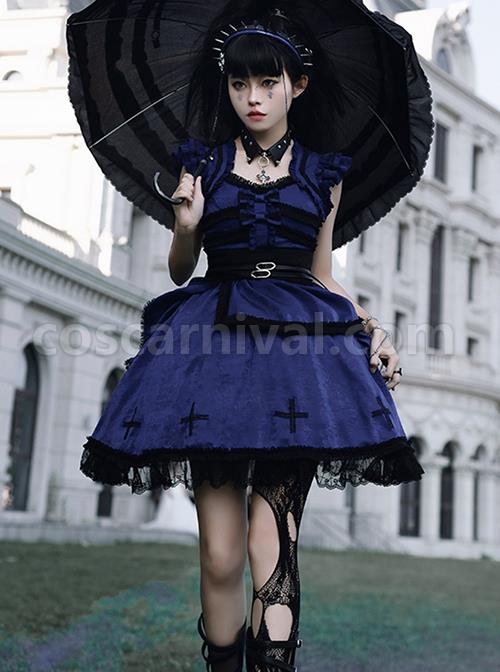 Cycle Series Klein Blue Velvet Halloween Cross Lace Gothic Lolita Short Sleeve Dress coscarnival
