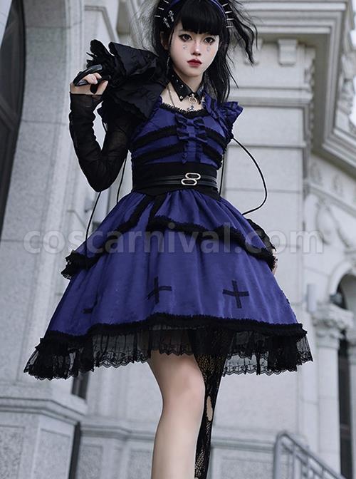 Cycle Series Klein Blue Velvet Halloween Cross Lace Gothic Lolita Short Sleeve Dress coscarnival