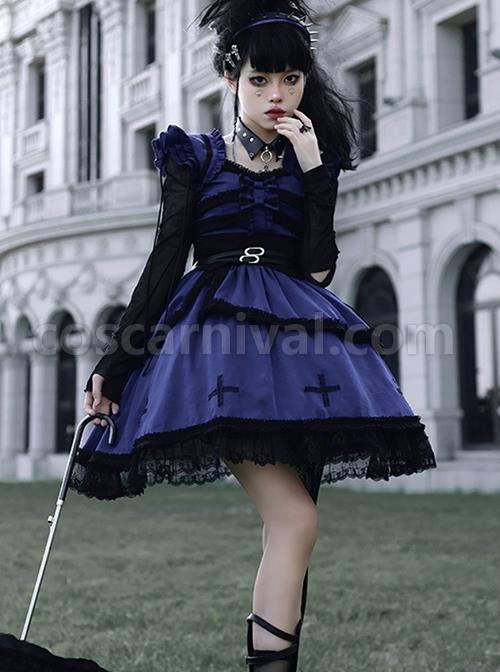 Cycle Series Klein Blue Velvet Halloween Cross Lace Gothic Lolita Short Sleeve Dress coscarnival