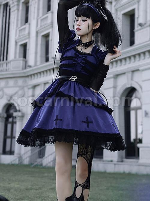 Cycle Series Klein Blue Velvet Halloween Cross Lace Gothic Lolita Short Sleeve Dress coscarnival