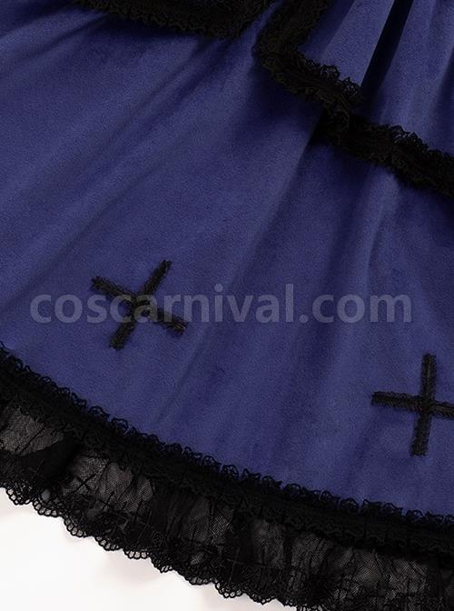 Cycle Series Klein Blue Velvet Halloween Cross Lace Gothic Lolita Short Sleeve Dress coscarnival