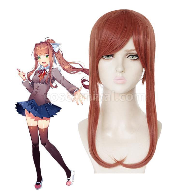 DDLC Monika Super Long Deep Pink Straight Synthetic Cosplay Wigs with Ponytail coscarnival011118844
