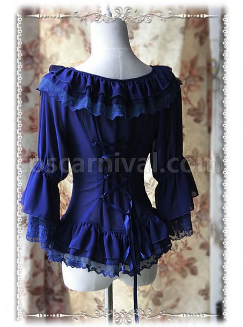 Daily Version Fairy Dance Series Deep Blue Small Trumpet Sleeves Lolita Shirt coscarnival