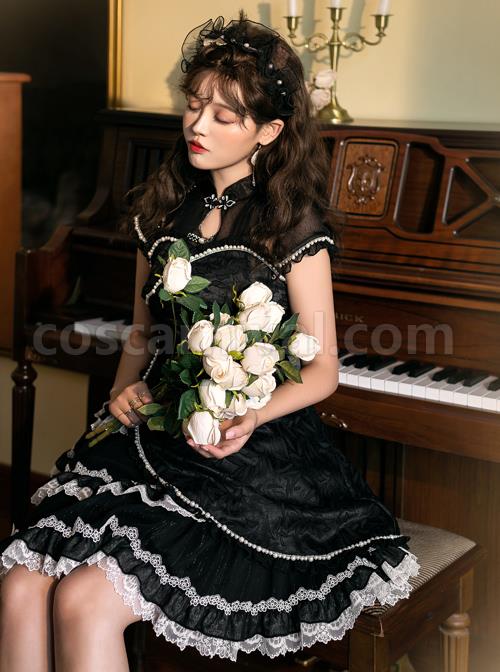 Damask Series OP Chinese Style Black Short Cheongsam Retro Elegant Gothic Lolita Short Sleeve Dress coscarnival