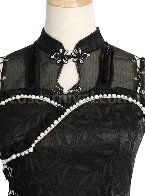 Damask Series OP Chinese Style Black Short Cheongsam Retro Elegant Gothic Lolita Short Sleeve Dress coscarnival