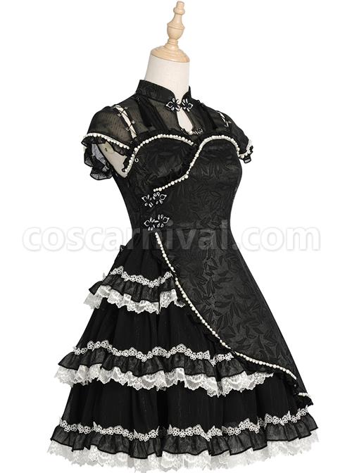 Damask Series OP Chinese Style Black Short Cheongsam Retro Elegant Gothic Lolita Short Sleeve Dress coscarnival