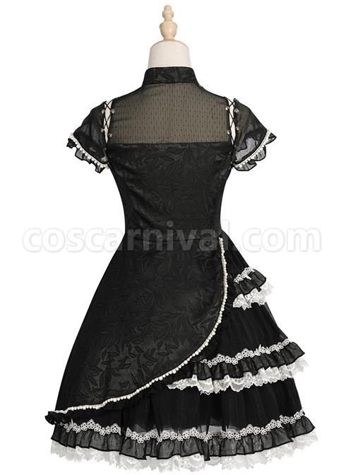 Damask Series OP Chinese Style Black Short Cheongsam Retro Elegant Gothic Lolita Short Sleeve Dress coscarnival