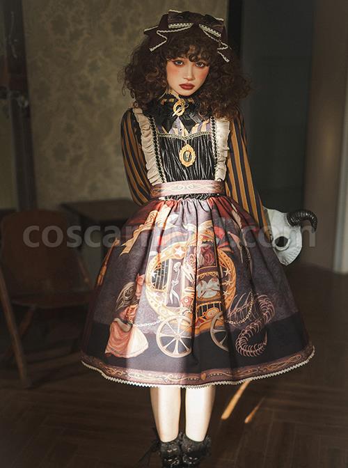 Dark Gothic Strange Circus Skeleton Pattern Print Trim Lolita Pleated Lace Slip Dress coscarnival