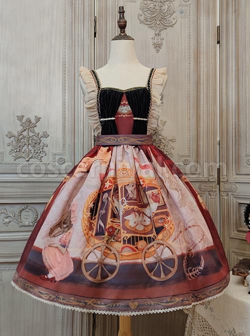 Dark Gothic Strange Circus Skeleton Pattern Print Trim Lolita Pleated Lace Slip Dress coscarnival