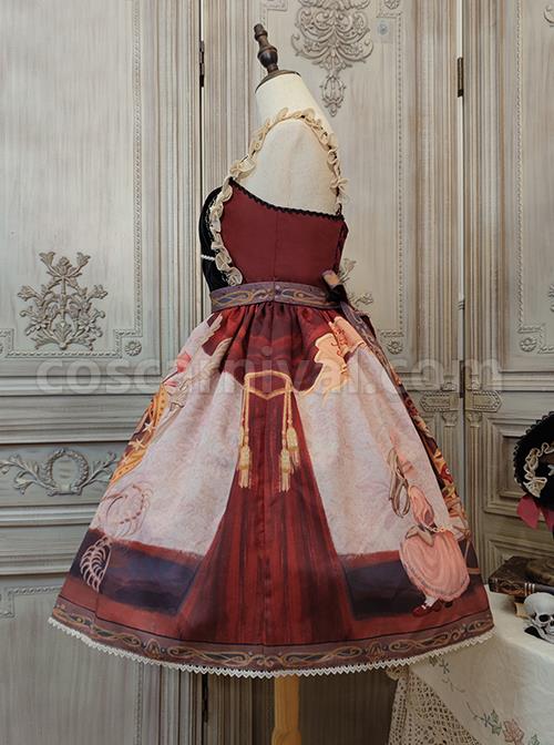 Dark Gothic Strange Circus Skeleton Pattern Print Trim Lolita Pleated Lace Slip Dress coscarnival