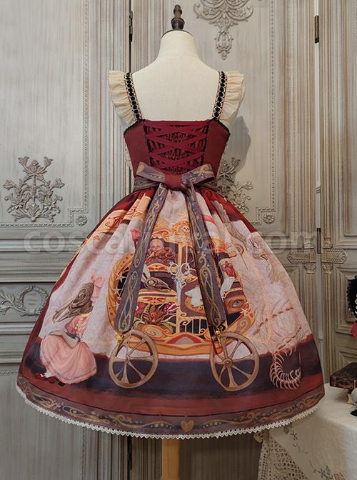 Dark Gothic Strange Circus Skeleton Pattern Print Trim Lolita Pleated Lace Slip Dress coscarnival