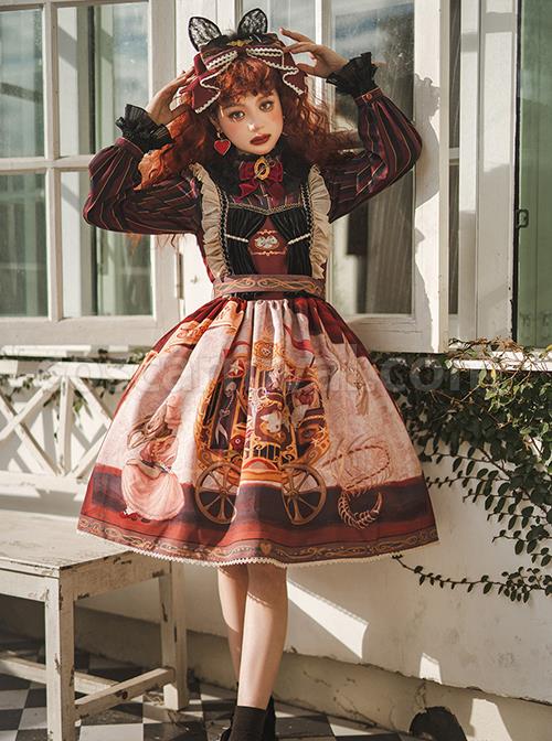 Dark Gothic Strange Circus Skeleton Pattern Print Trim Lolita Pleated Lace Slip Dress coscarnival