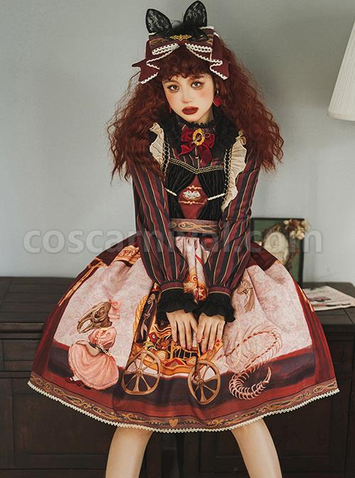 Dark Gothic Strange Circus Skeleton Pattern Print Trim Lolita Pleated Lace Slip Dress coscarnival