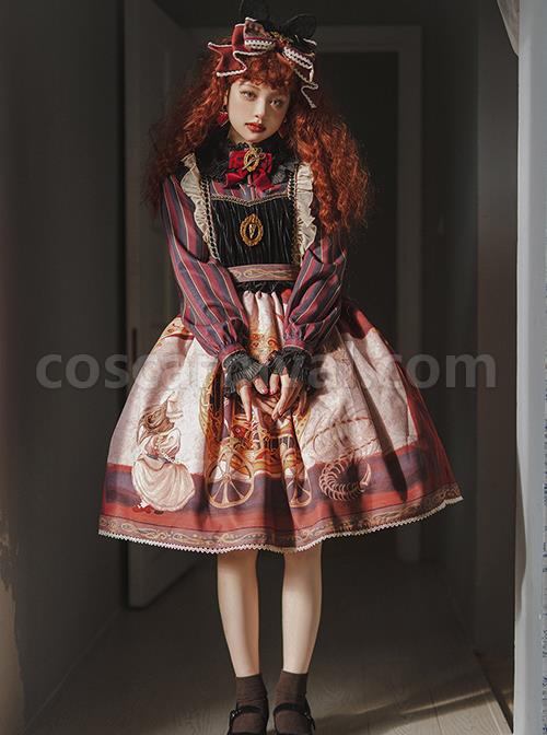 Dark Gothic Strange Circus Skeleton Pattern Print Trim Lolita Pleated Lace Slip Dress coscarnival