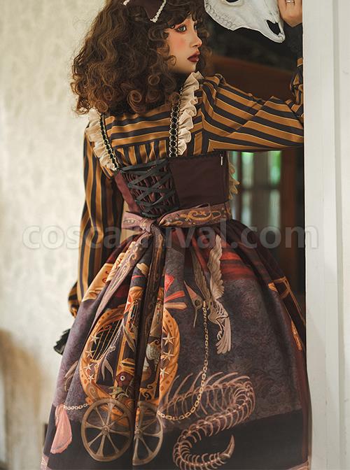 Dark Gothic Strange Circus Skeleton Pattern Print Trim Lolita Pleated Lace Slip Dress coscarnival