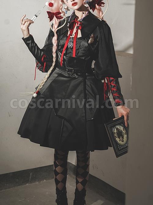 Dark Solid Gothic Halloween Style Irregular Cut At The Hem Bow Belt Decoration Lolita Witch Dress Set coscarnival