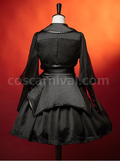 Dark Solid Gothic Halloween Style Irregular Cut At The Hem Bow Belt Decoration Lolita Witch Dress Set coscarnival
