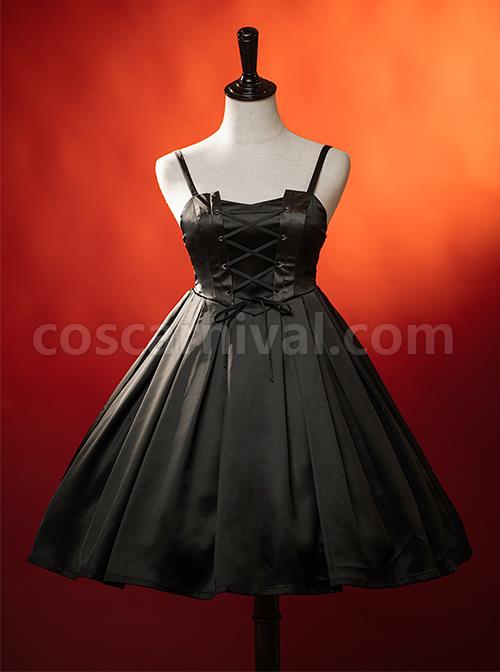 Dark Solid Gothic Halloween Style Irregular Cut At The Hem Bow Belt Decoration Lolita Witch Dress Set coscarnival