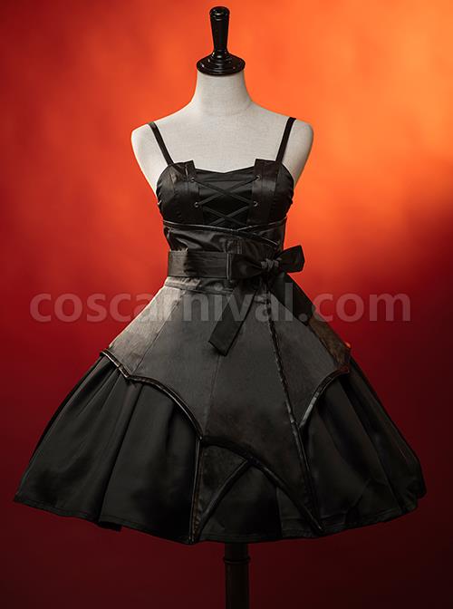 Dark Solid Gothic Halloween Style Irregular Cut At The Hem Bow Belt Decoration Lolita Witch Dress Set coscarnival