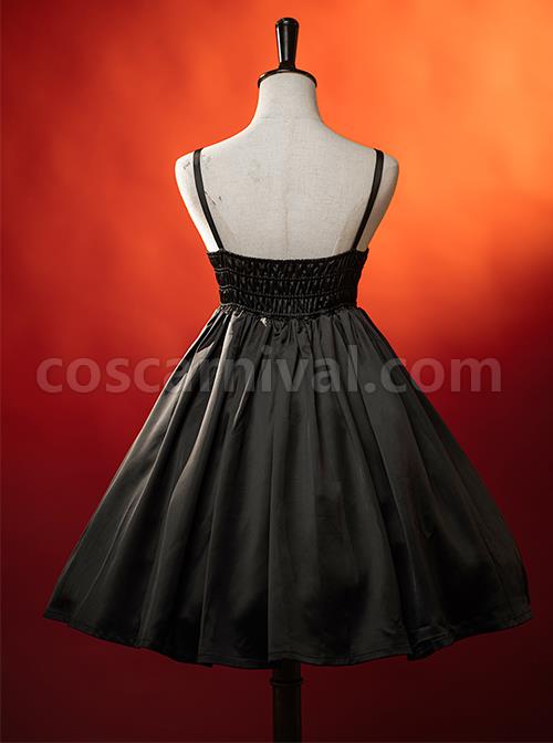 Dark Solid Gothic Halloween Style Irregular Cut At The Hem Bow Belt Decoration Lolita Witch Dress Set coscarnival