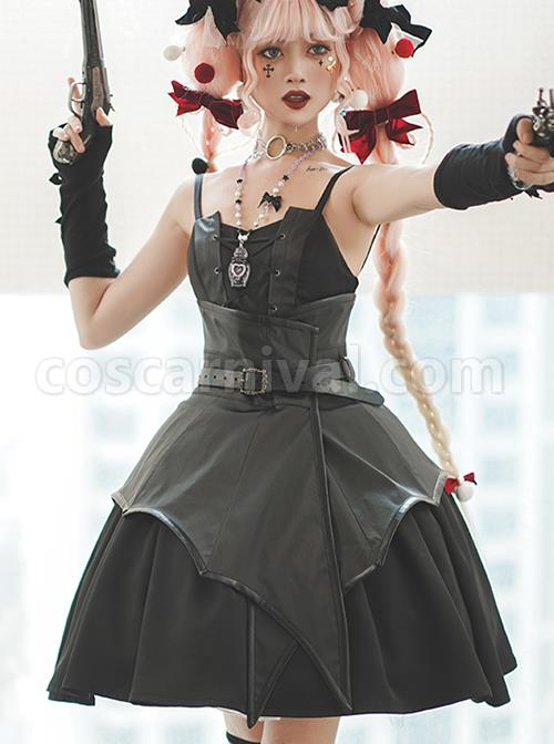 Dark Solid Gothic Halloween Style Irregular Cut At The Hem Bow Belt Decoration Lolita Witch Dress Set coscarnival