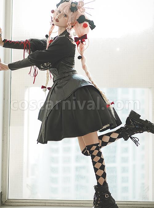 Dark Solid Gothic Halloween Style Irregular Cut At The Hem Bow Belt Decoration Lolita Witch Dress Set coscarnival