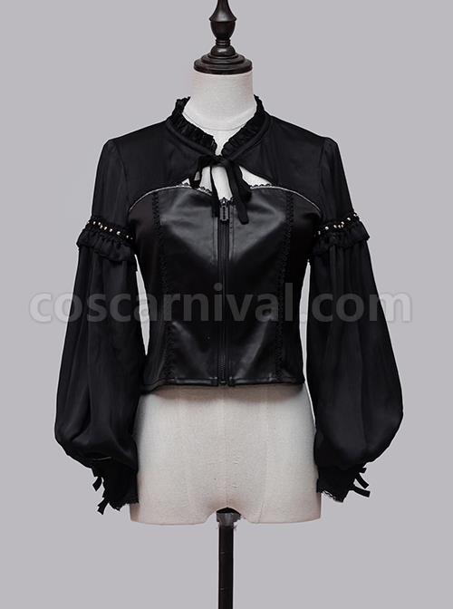 Dark Sweet Cool Style Pleated Cutout Bow Tie Metal Buckle Decoration Leather Long Sleeve Punk Lolita Shirt coscarnival