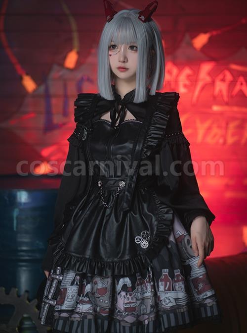 Dark Sweet Cool Style Pleated Cutout Bow Tie Metal Buckle Decoration Leather Long Sleeve Punk Lolita Shirt coscarnival