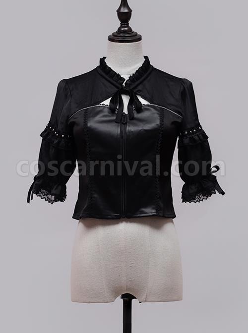 Dark Sweet Cool Style Pleated Cutout Bow Tie Metal Buckle Decoration Leather Short Sleeve Punk Lolita Shirt coscarnival