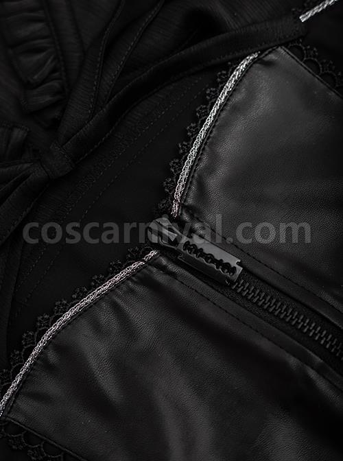 Dark Sweet Cool Style Pleated Cutout Bow Tie Metal Buckle Decoration Leather Short Sleeve Punk Lolita Shirt coscarnival