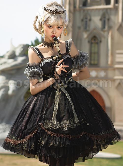 Day-night Carol Series JSK Dark Retro Black Gold Gothic Lolita Sling Dress coscarnival