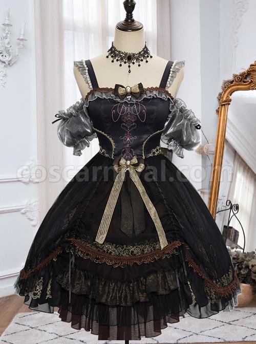 Day-night Carol Series JSK Dark Retro Black Gold Gothic Lolita Sling Dress coscarnival