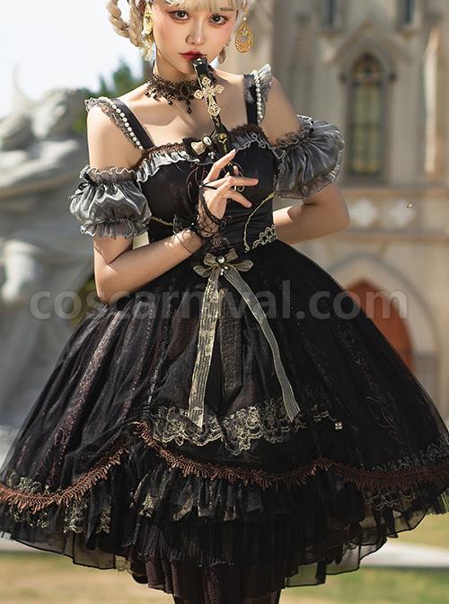 Day-night Carol Series JSK Dark Retro Black Gold Gothic Lolita Sling Dress coscarnival
