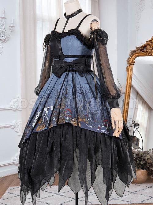 Decaying Forest Series JSK Blue Darkness Retro Gothic Lolita Sling Dress coscarnival