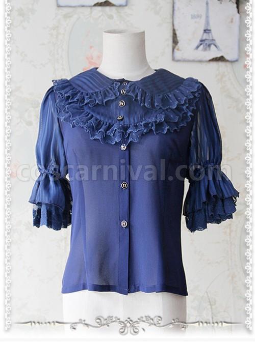 Deep Blue Glass Striped Doll Collar Lolita Bubble Sleeve Shirt coscarnival