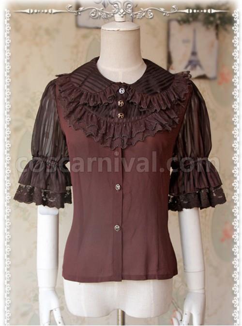 Deep Brown Glass Striped Doll Collar Lolita Bubble Sleeve Shirt coscarnival