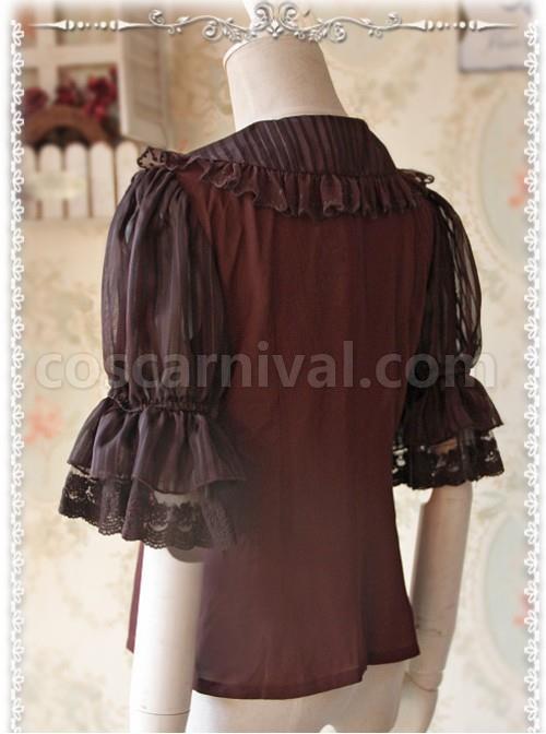 Deep Brown Glass Striped Doll Collar Lolita Bubble Sleeve Shirt coscarnival