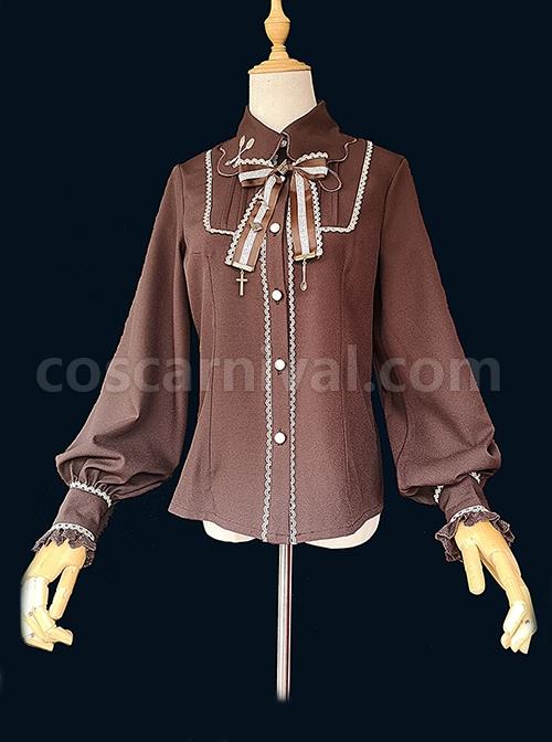 Delicate Embroidery Decoration Irregular Cut Stand Collar Design Bow Knot Long Sleeve Classic Lolita Shirt coscarnival