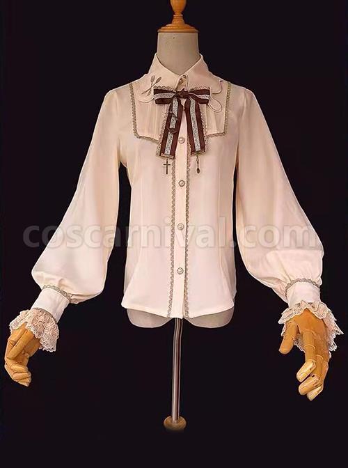 Delicate Embroidery Decoration Irregular Cut Stand Collar Design Bow Knot Long Sleeve Classic Lolita Shirt coscarnival