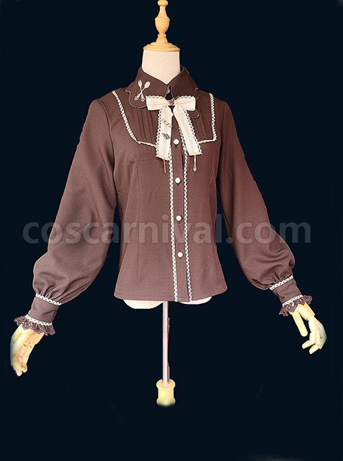 Delicate Embroidery Decoration Irregular Cut Stand Collar Design Bow Knot Long Sleeve Classic Lolita Shirt coscarnival