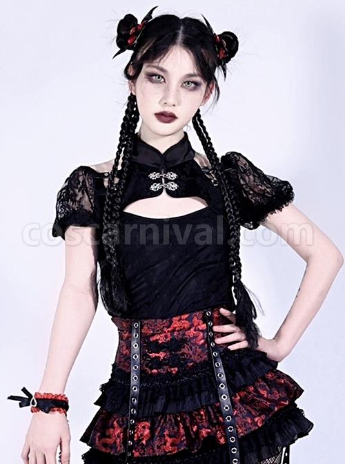 Delicate Jacquard Lace Trim Sexy Off-The-Shoulder Belt Trim Metal Buttons Classic Lolita Double Lace Puff Sleeves Blouse coscarnival